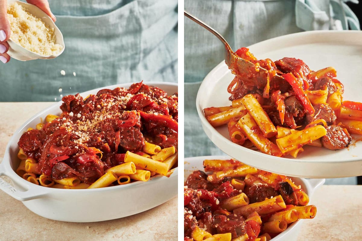 Woman adding Parmesan to bowl of Italian sausage and peppers and serving on white plate.
