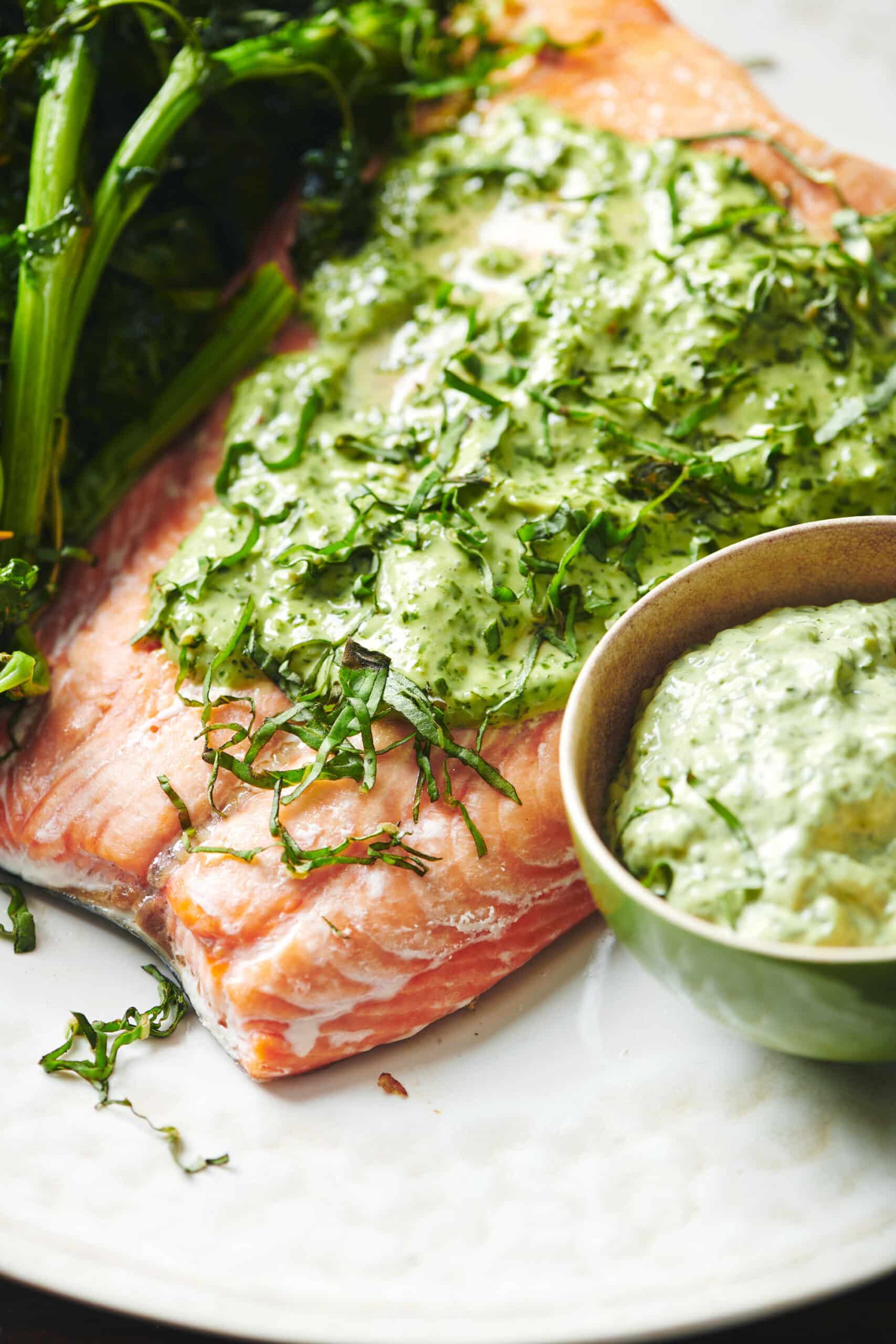 Salmon topped with herbed mayonnaise.