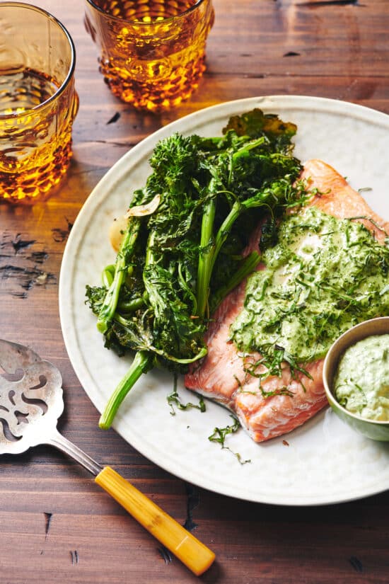Salmon and Broccoli Rabe on a plate.