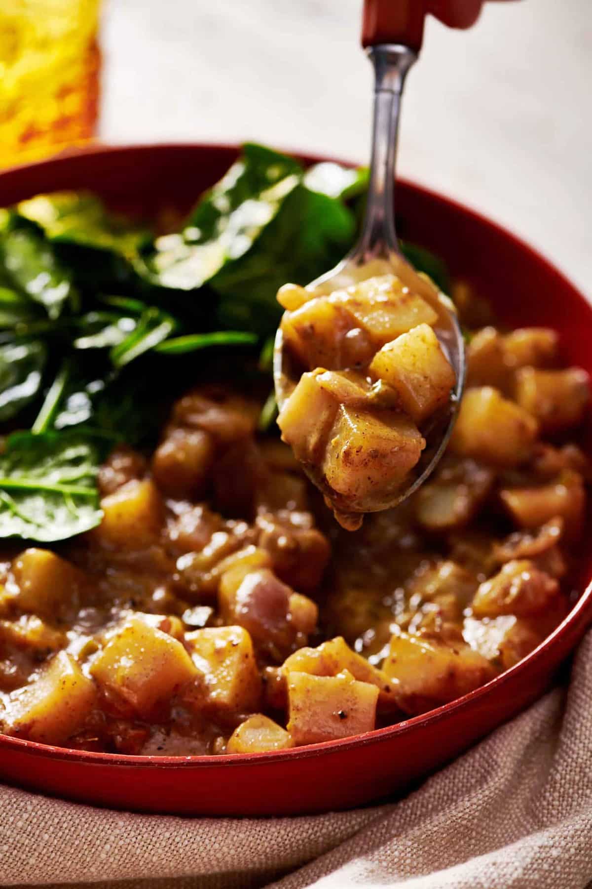 Spoon filled with potato curry over red bowl on table.