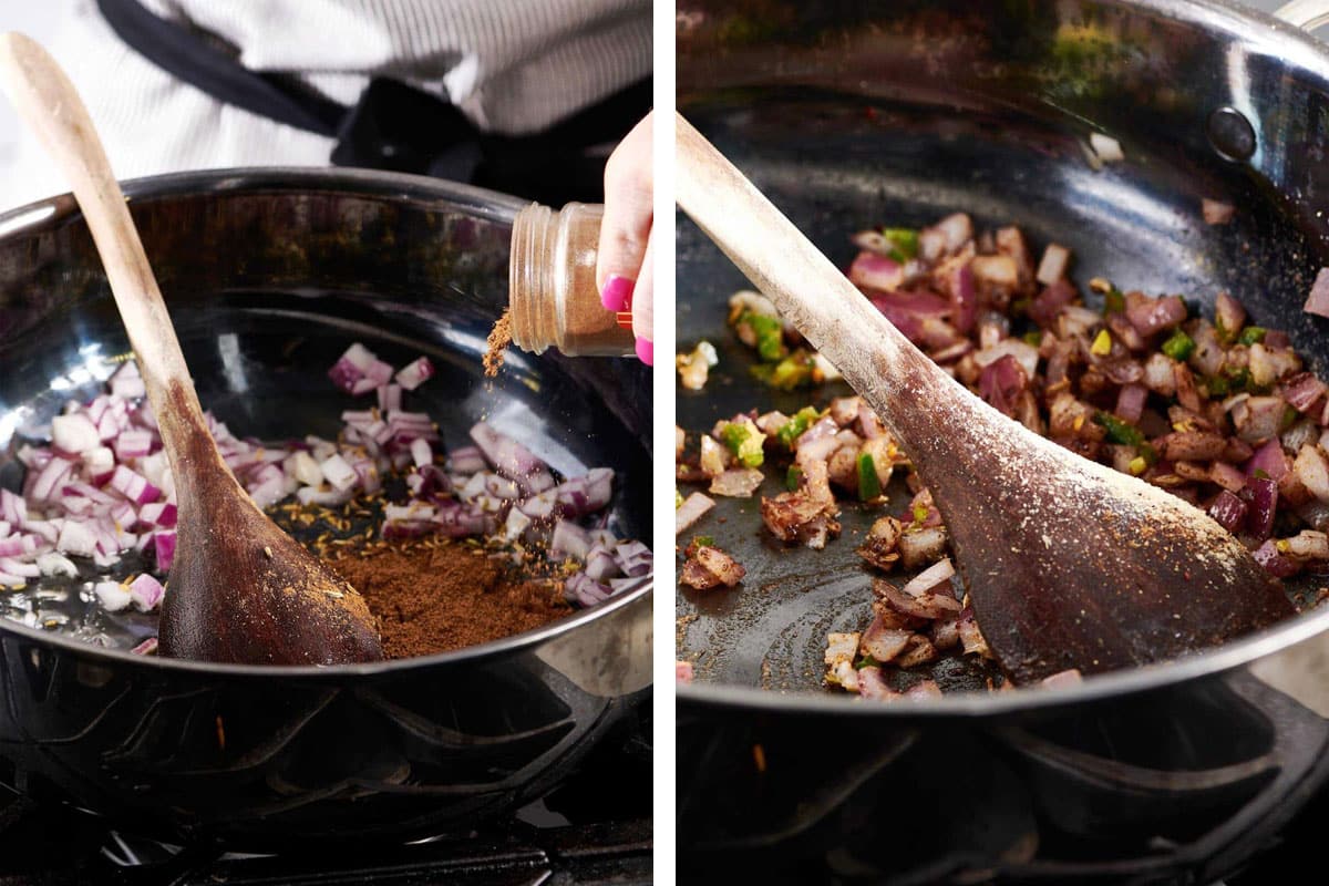 Wooden spoon stirring diced red onions and spices.