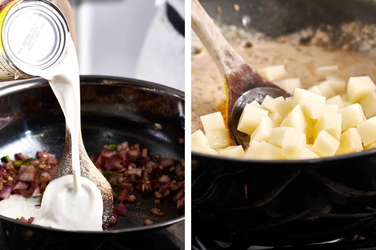 Stirring coconut milk and cubed potatoes into curry on stove.
