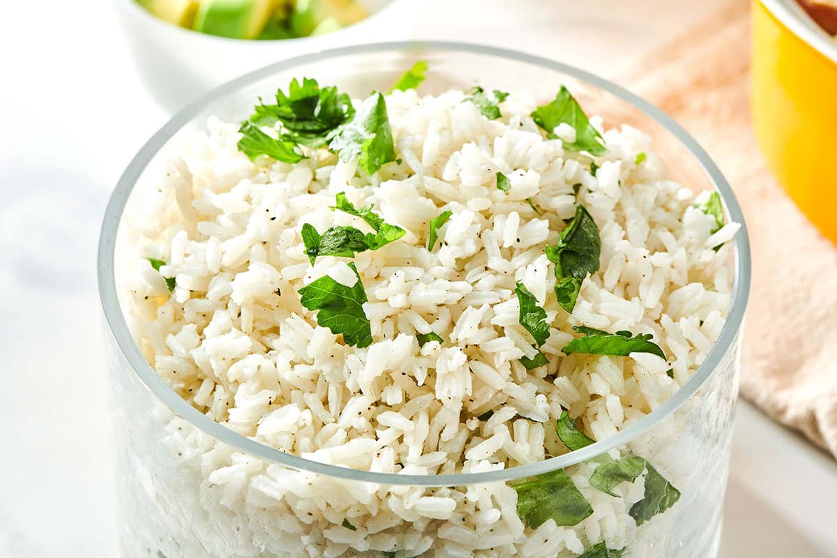 Glass container of Cilantro Lime Rice.