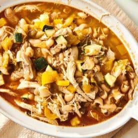 Hatch Chicken Chili in serving dish on table.