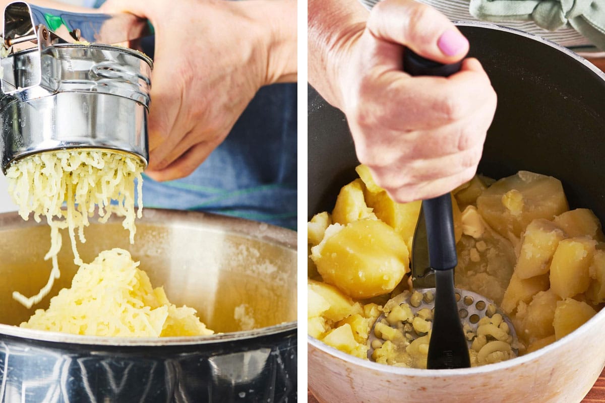 Making mashed potatoes with ricer and potato masher.