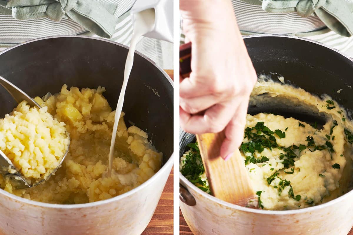 Stirring milk and herbs into potatoes in pot on stove.