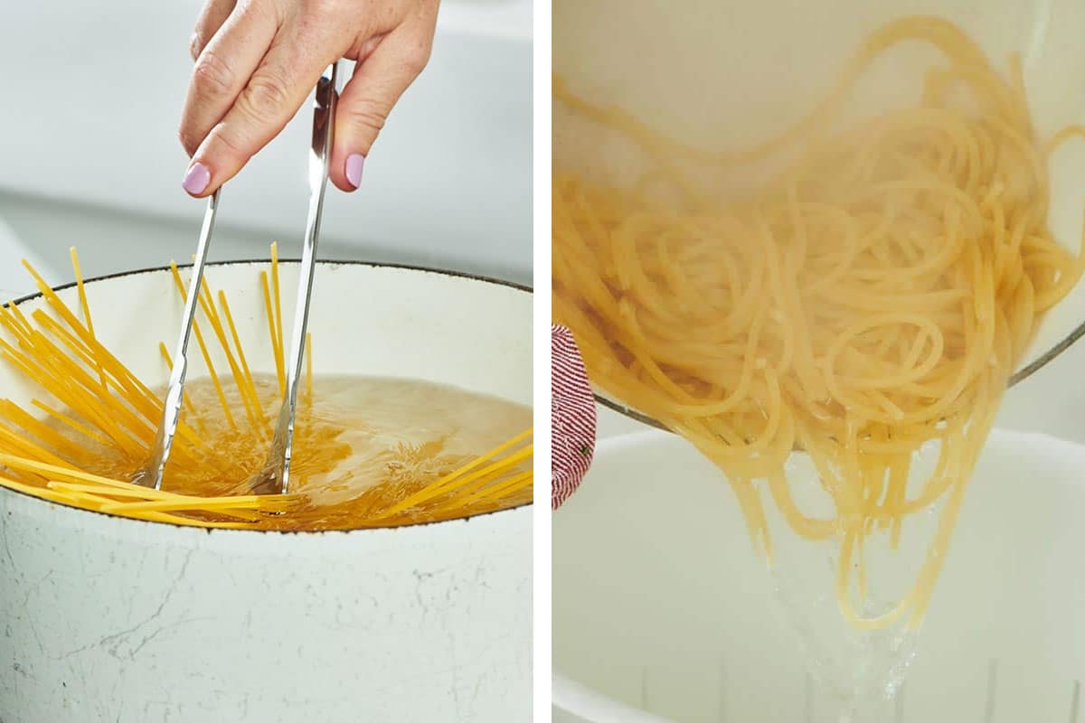 Cooking spaghetti in boiling water and draining.