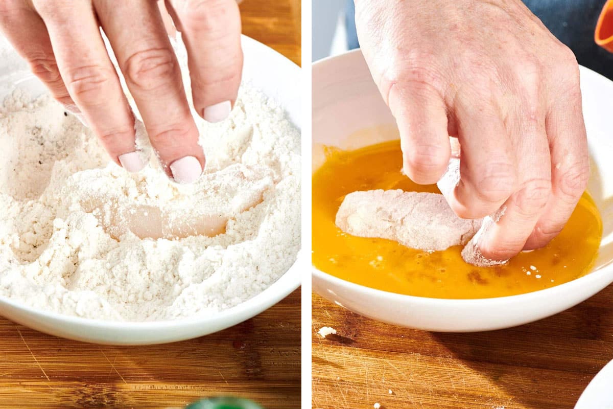 Dredging raw fish into seasoned flour and beat eggs in bowls.