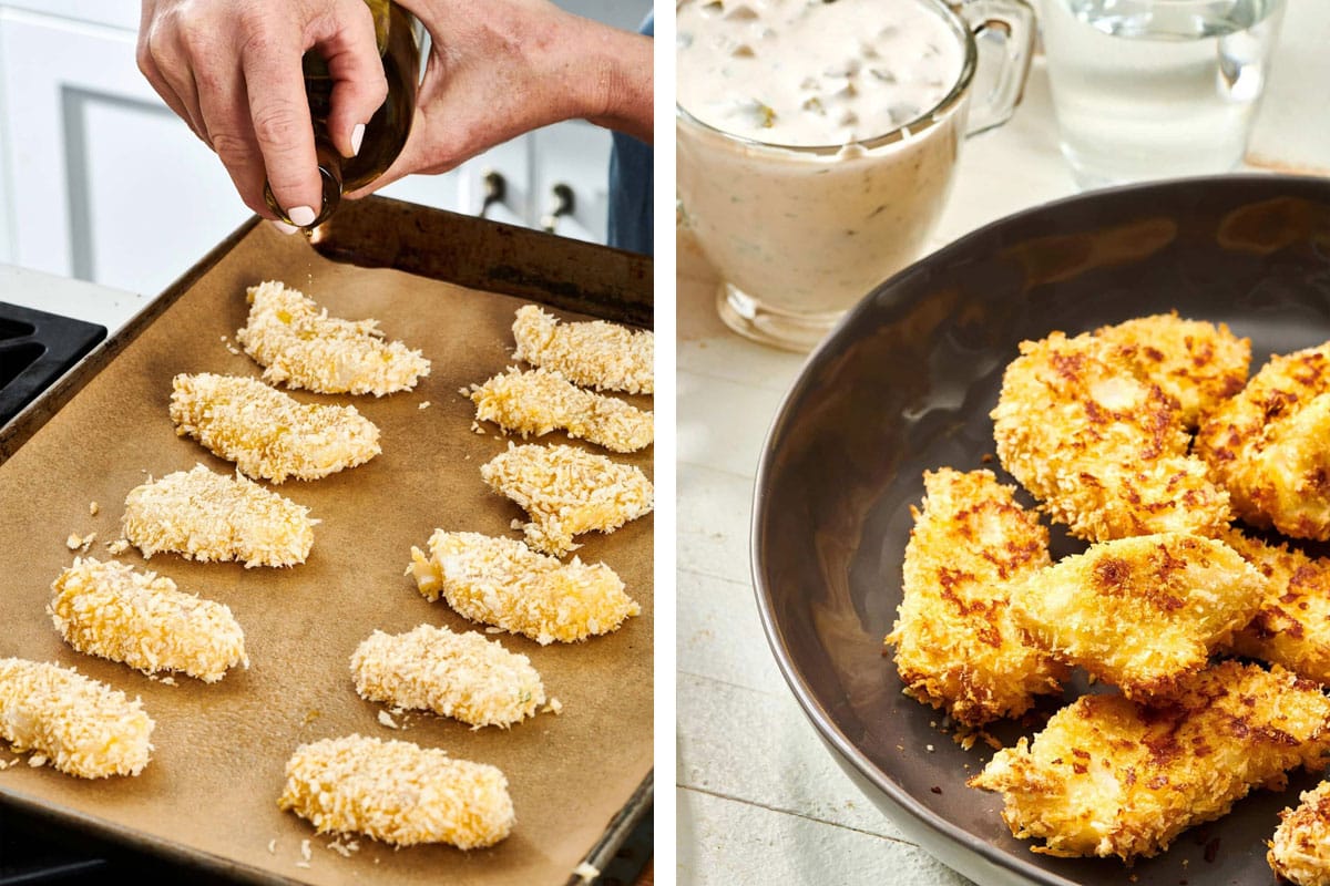 Pouring oil over unbaked fish sticks and serving cooked fish sticks on plate with tartar.