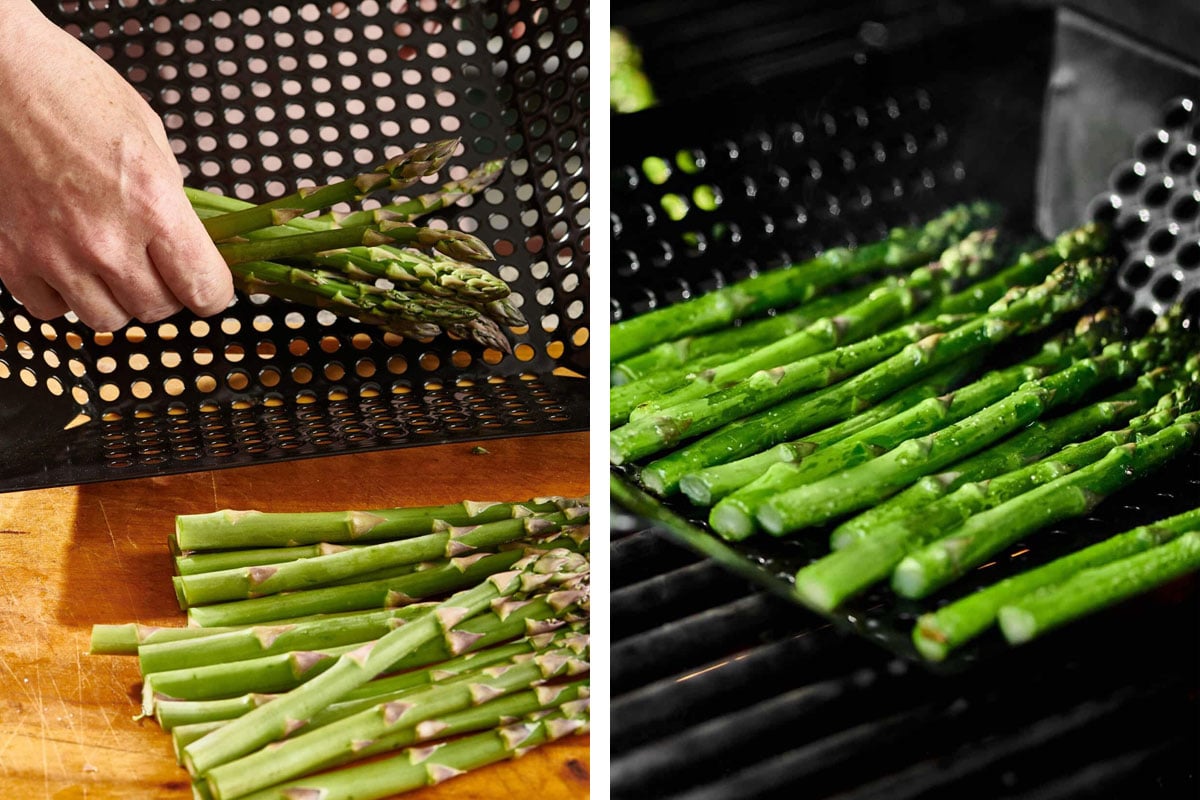 Grilling fresh asparagus in grill basket.
