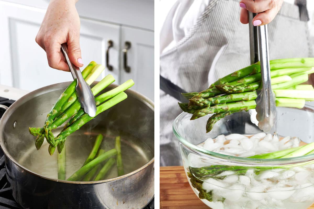 Blanching asparagus in hot water and ice water bath.