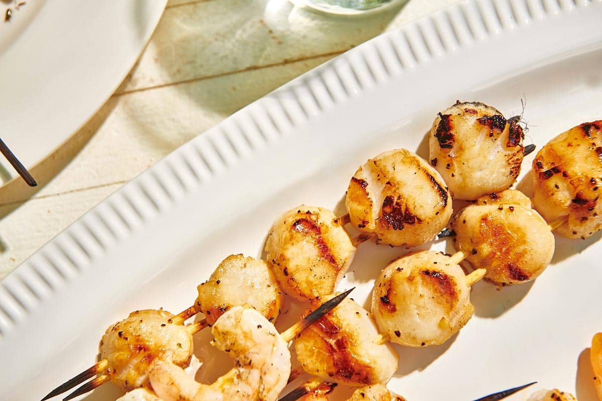 Grilled Scallops on wooden skewers.