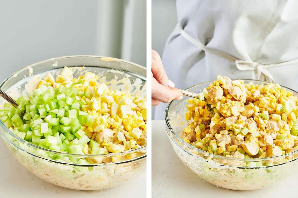 Woman stirring deviled egg potato salad in glass bowl.