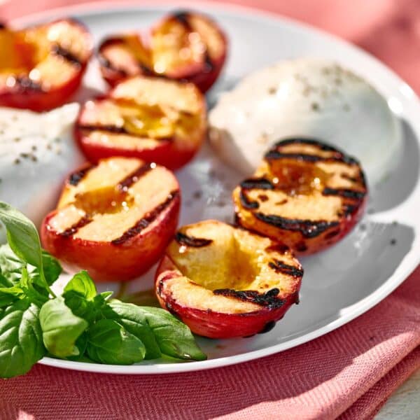 Grilled peaches on white plate with burrata cheese and fresh basil.