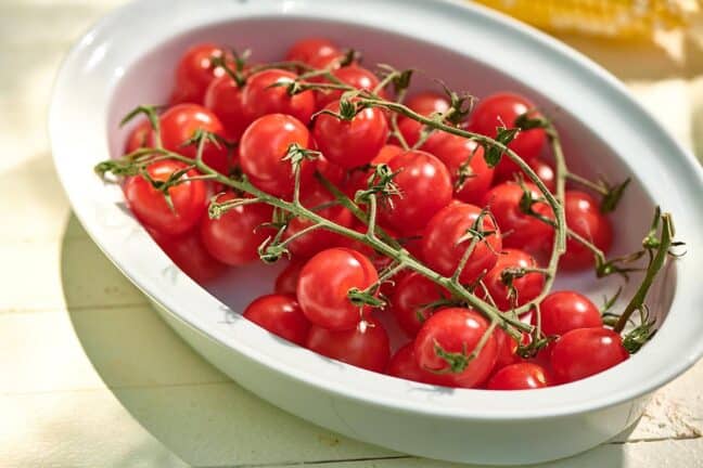 White bowl filled with fresh cherry tomatoes on the vine.