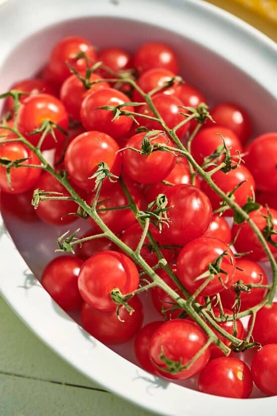 Fresh cherry tomatoes on the vine in a white dish