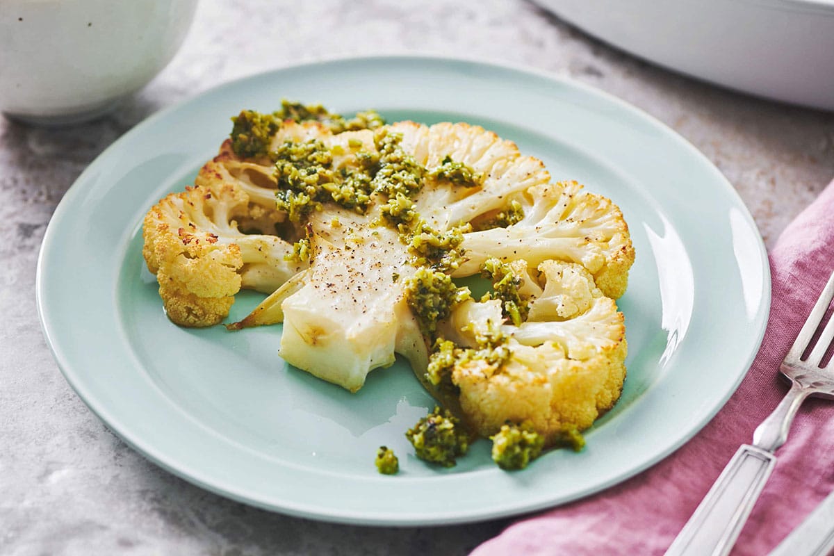 Tapenade on a Roasted Cauliflower Steak.