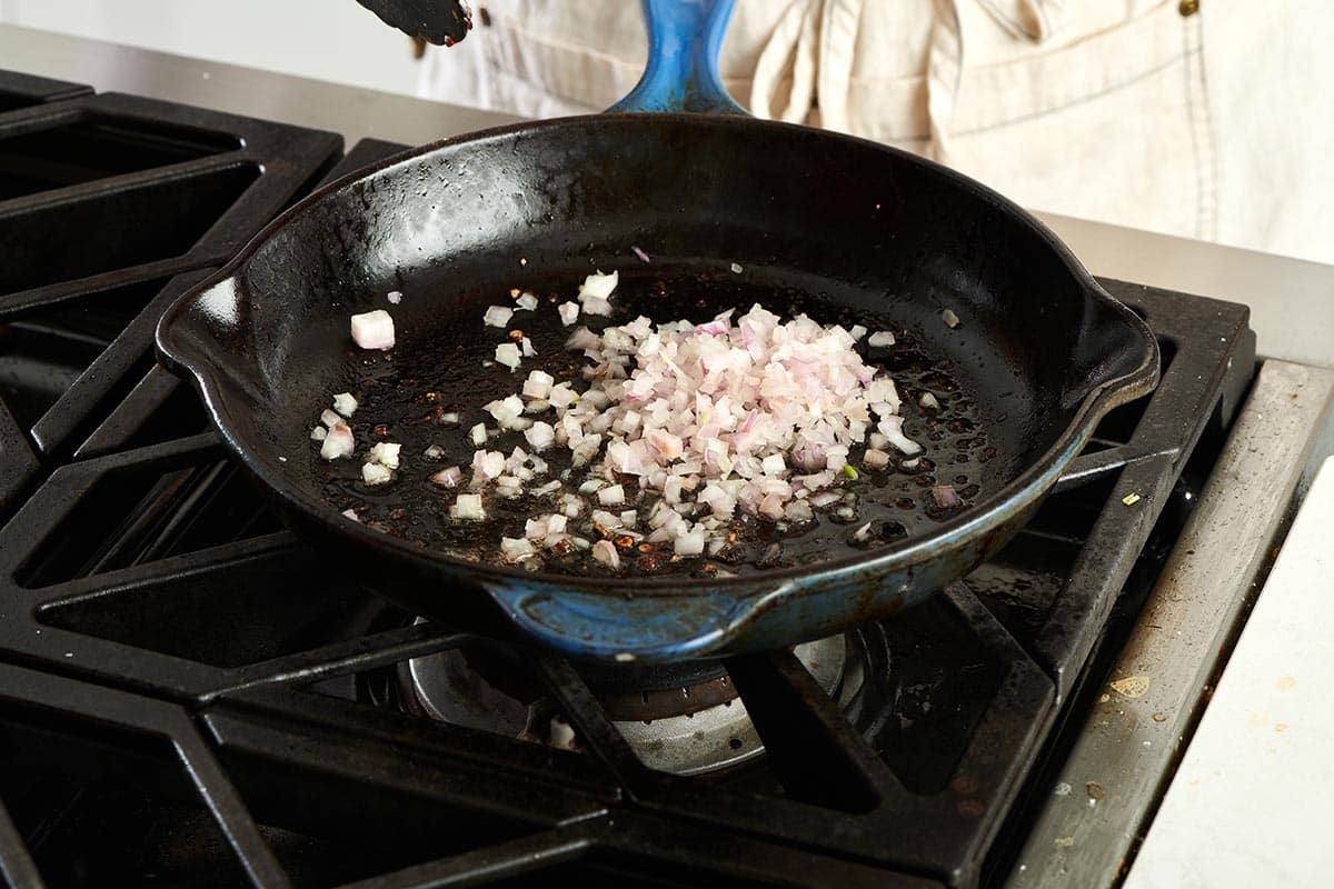 Diced onions in a pan.