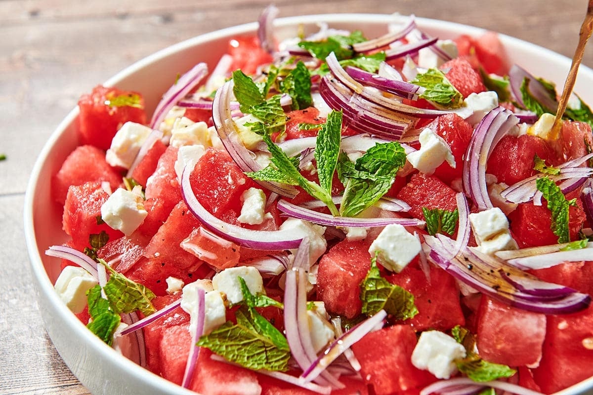 Watermelon Feta Salad in a white bowl.