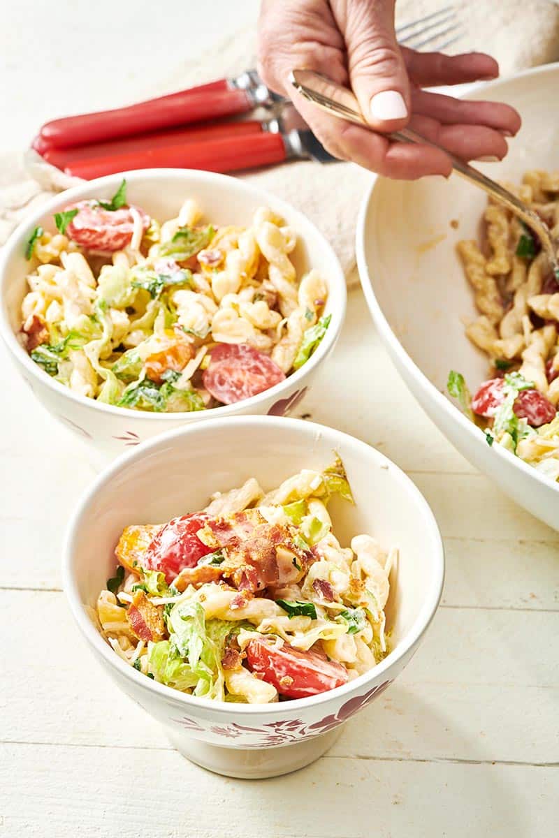 Two small bowls of BLT Pasta Salad.