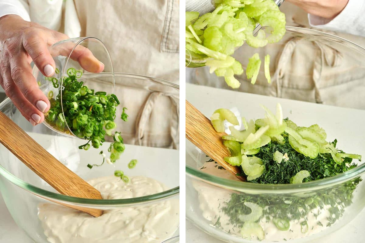 Stirring scallions and celery into mayonnaise dressing for salad.
