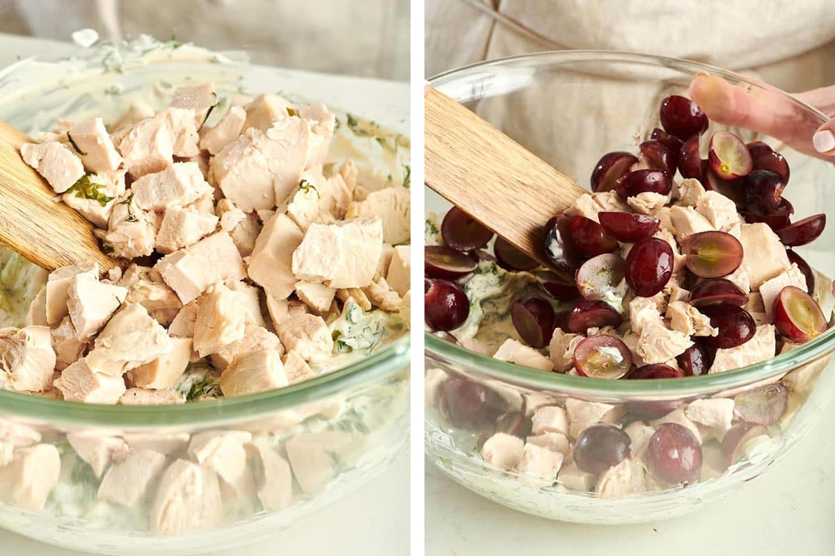 Mixing diced chicken and grapes into salad in glass bowl.