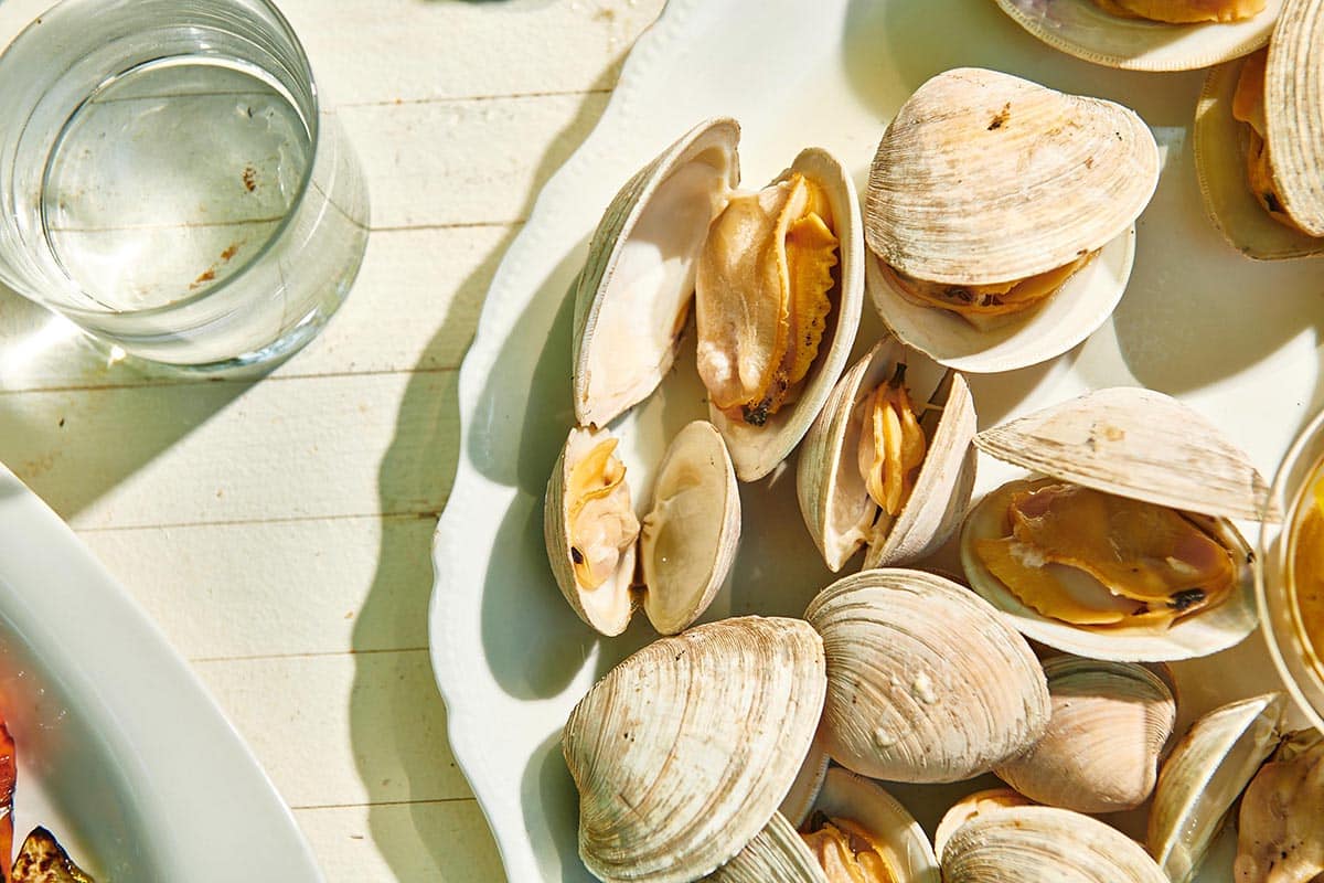 Grilled Clams on a plate next to a glass of water.