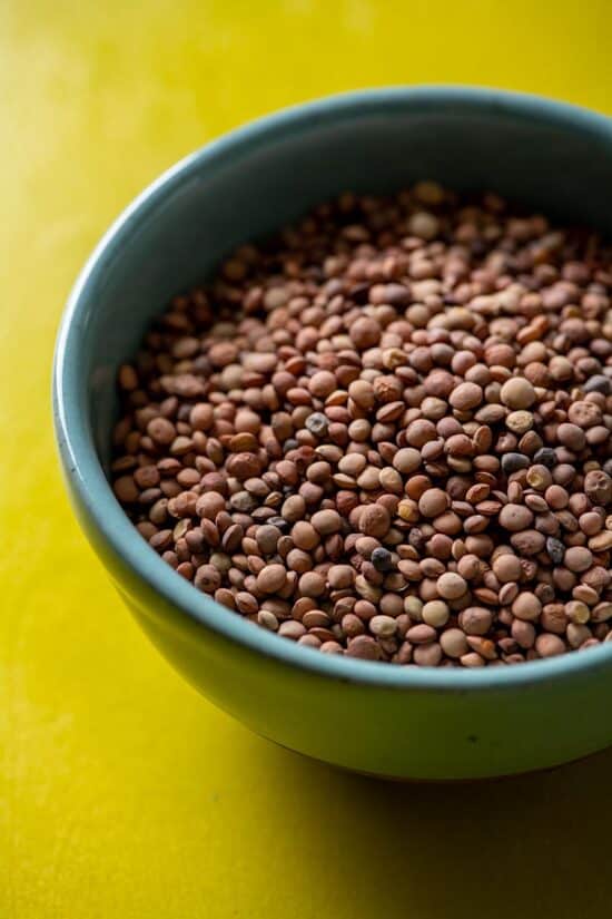 Bowl of dried French lentils.