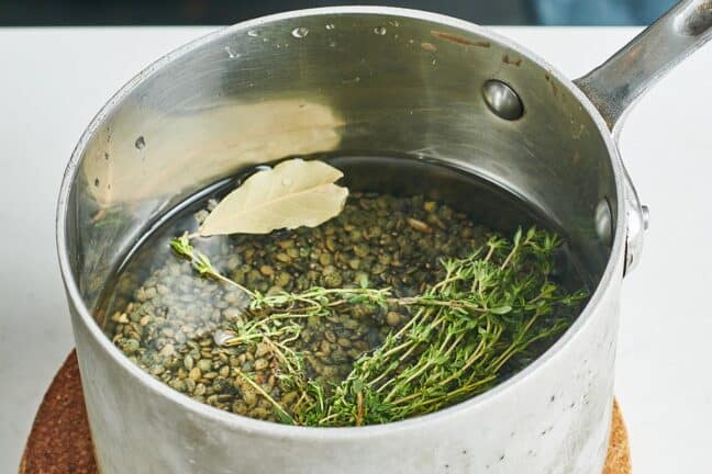Pot with water, dried French lentils, a bay leaf, and thyme.