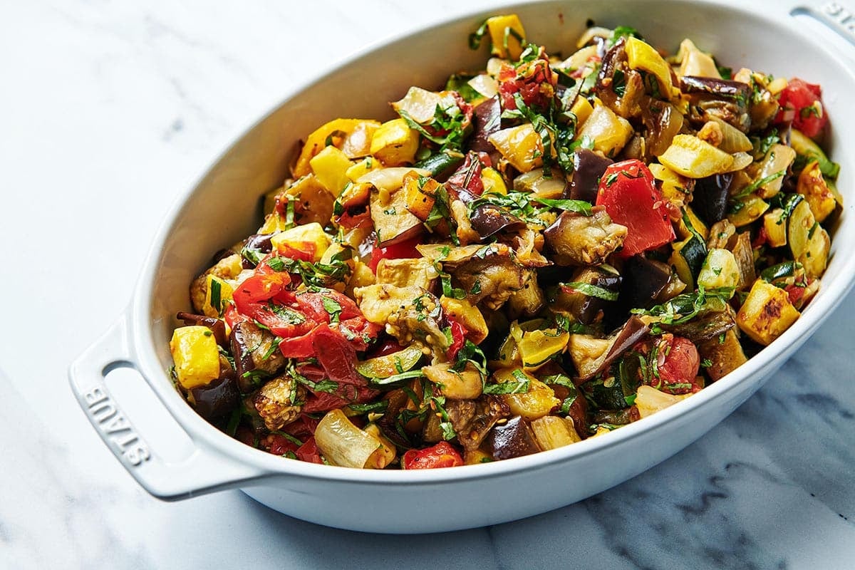 Homemade ratatouille in large white serving dish.