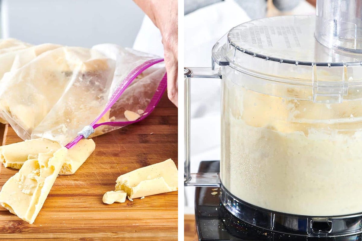 Removing frozen ice cream base from plastic bag and blending in a food processor.