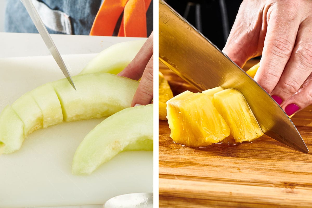 Woman cutting melon and pineapple with knife.