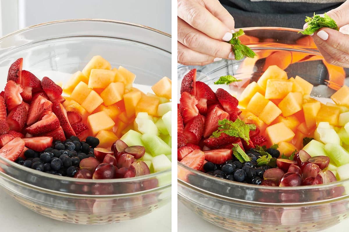 Adding torn fresh mint to cut fruits in glass bowl.