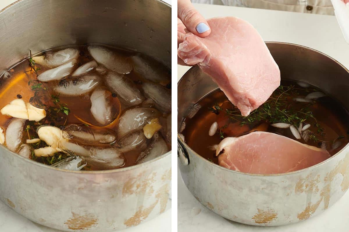 Cooling flavored brine with ice and adding pork chops.