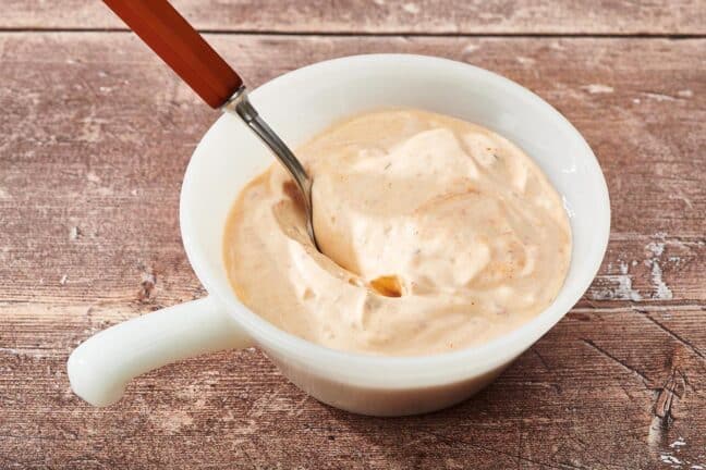 Chipotle Mayo in white bowl with spoon