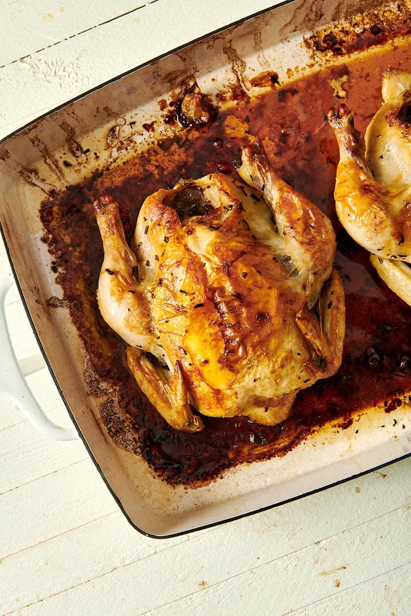 Cornish Hens in roasting pan.