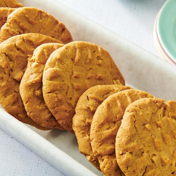 Imprinted Peanut Butter Cookies in a long white dish.