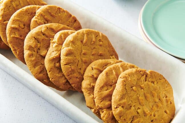 Imprinted Peanut Butter Cookies in a long white dish.