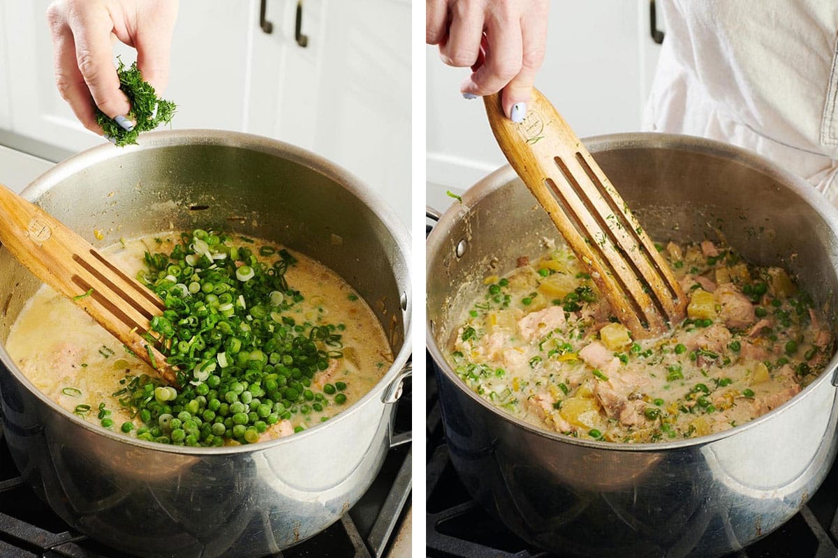 Woman adding dill and peas then stirring salmon chowder in pot.