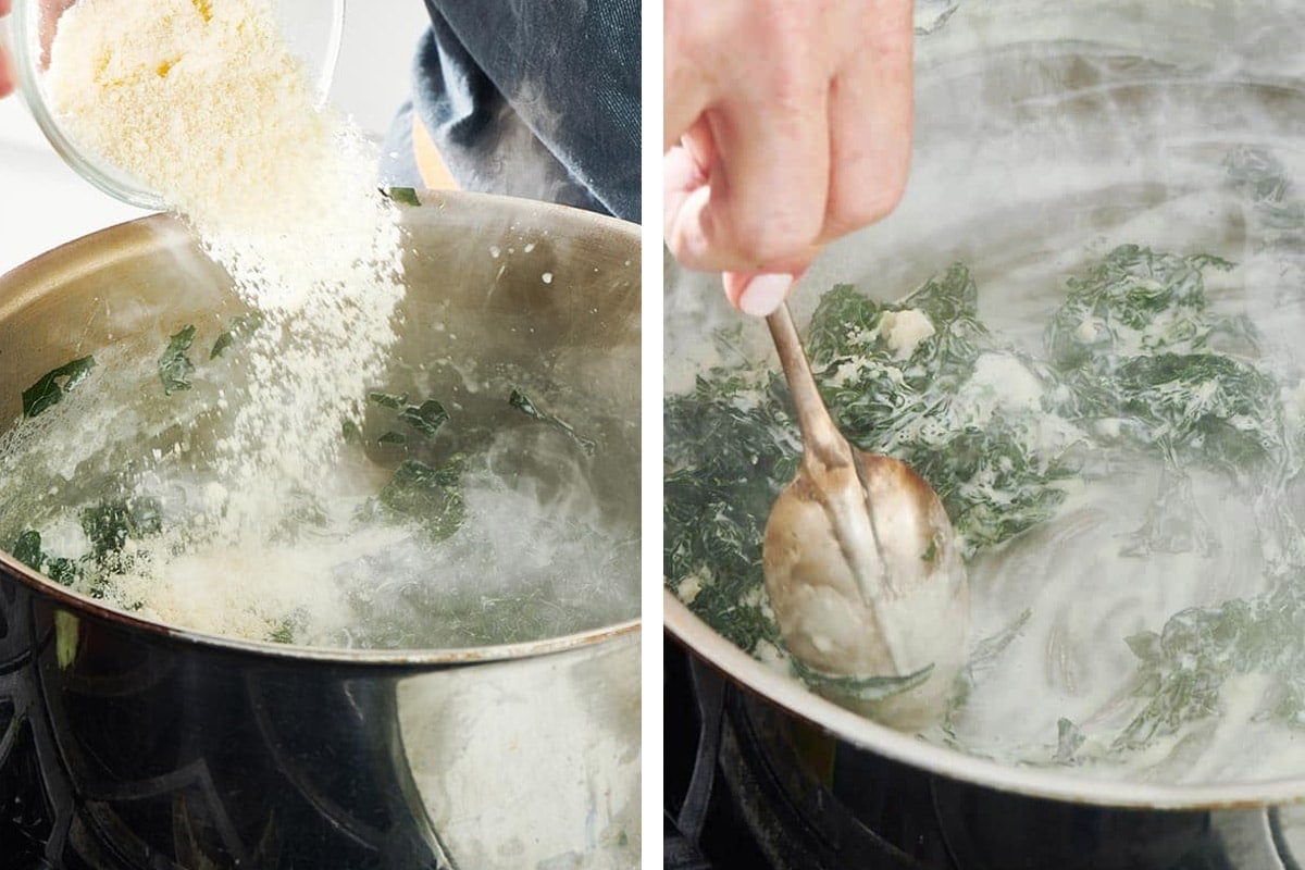 Stirring Parmesan into pot of creamed kale.