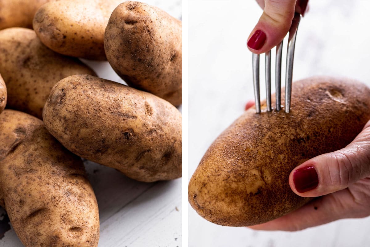 Clean potatoes and woman poking holes in potato with fork.