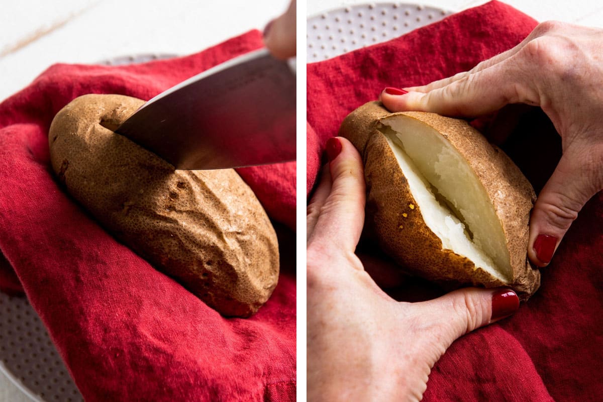 Slicing open and squeezing a baked potato on red towel.