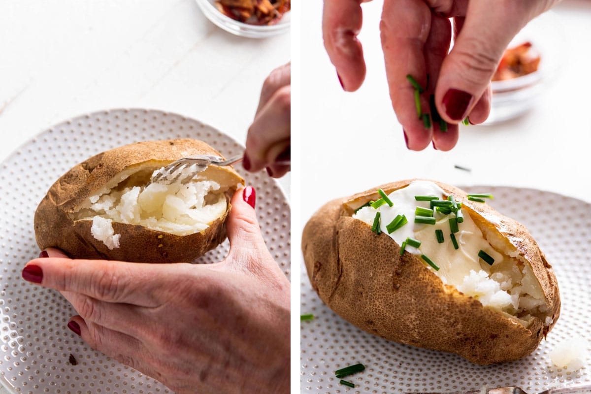 Fluffing baked potato and sprinkling with chives.