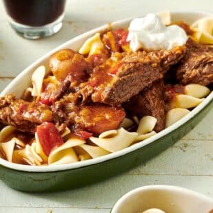 Hungarian Goulash on a bed of egg noodles.