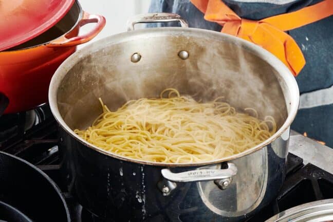 Steaming pot of noddles.