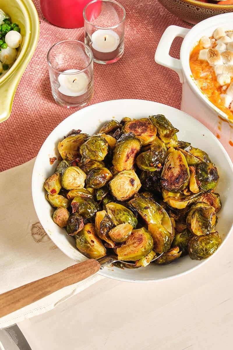 Chili Crunch Brussels Sprouts in a bowl.