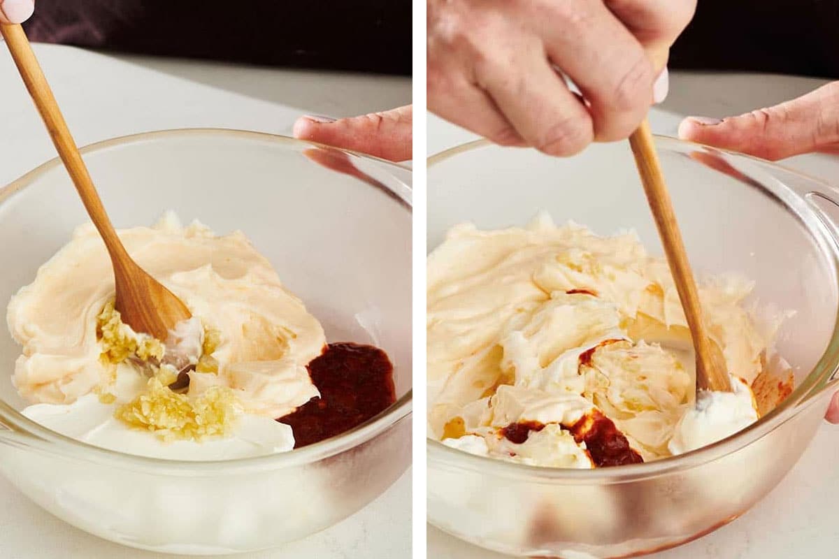 Mixing Chipotle Mayo with wood spoon in glass bowl.