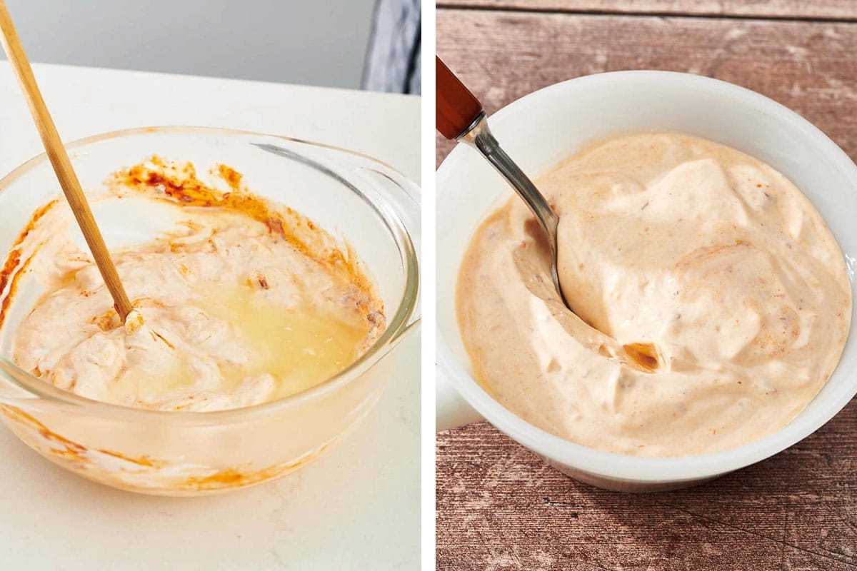 Mixing and serving homemade Chipotle mayonnaise in bowls with spoons.