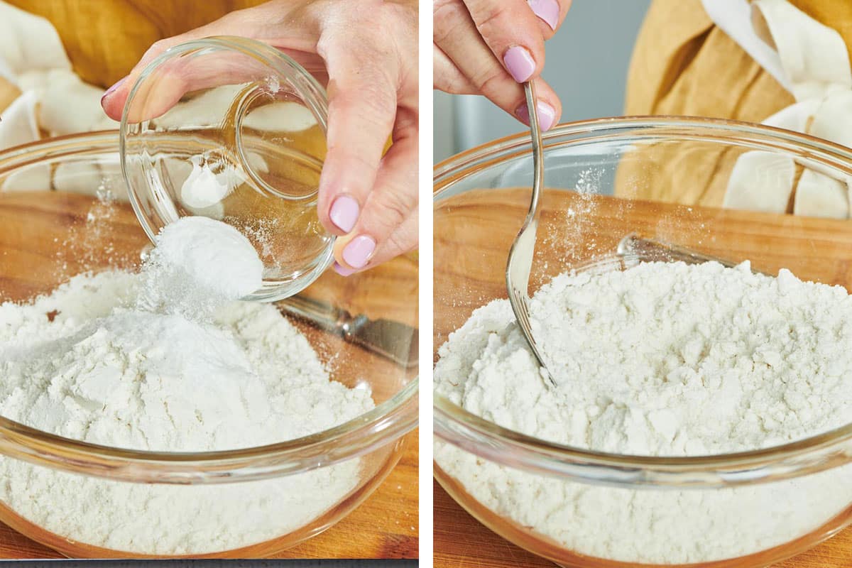 Mixing flour and other dry ingredients for cookie dough.