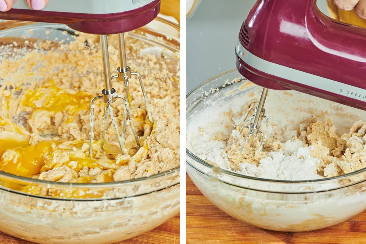 Mixing eggs and flour into cookie dough.